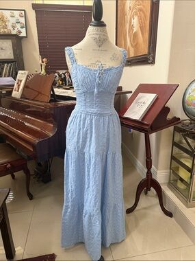 Light Blue Eyelet Maxi Dress with Tie Front
